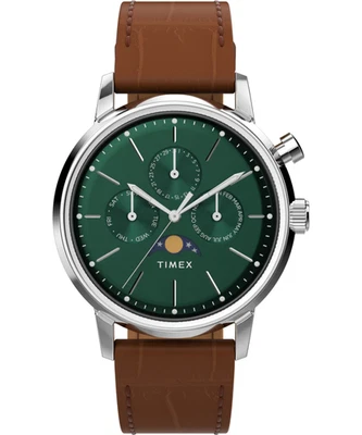 Reloj para hombre Timex Marlin fase lunar 40 mm cuero marrón esfera verde TW2W51000 Foto 1 de 4