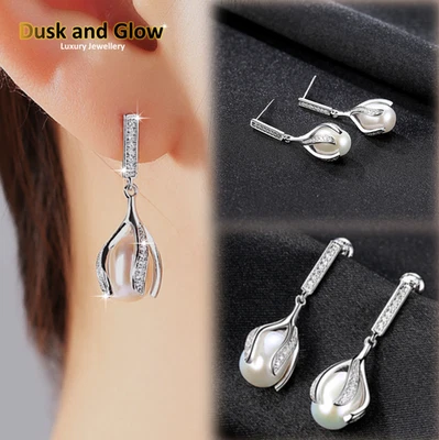 Pendientes colgantes de perlas de agua dulce de plata circonita cúbica Lux mujeres damas joyería regalo Reino Unido NUEVO Foto 1 de 4