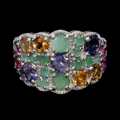 925 Sterling Silver Ring Round Iolite Citrine Emerald Gemstone Jewelry Size 9 - Image 1 of 4