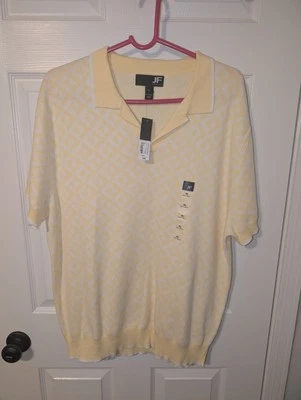 Men's L Large JF J.Ferrar Yellow Knit Vintage-like MCM Collared Polo Shirt Foto 1 de 4