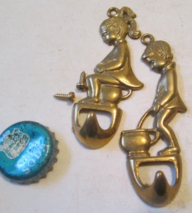 2 Brass Hook For Bathroom Girl Sitting On Chamber Pot and Boy standing VTG ITALY - Picture 1 of 4