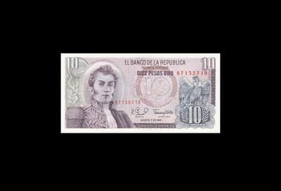 7.8.1980 BANCO DE LA REPÚBLICA COLOMBIA 10 PESOS ORO ((GEMA SIN CIRCULAR)) Foto 1 de 2