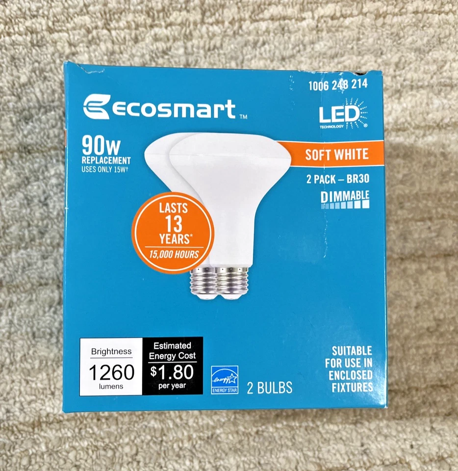 EcoSmart 90-Watt Equivalent BR30 Dimmable LED Light Bulb, Soft White (2-Pack) - Image 1 of 4