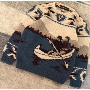 RRL Ralph Lauren 80s Canoe Hand Knit Sweater Men's Size M Multicolor Pre-Owned - Picture 1 of 9