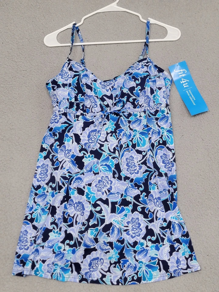 Fit 4 U Swimsuit Dress Womens 12 Blue Floral Tankini Swimdress Adjustable NWT - Image 1 of 4