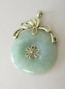 14K YELLOW GOLD JADE JADEITE CIRCLE DISC ENHANCER PENDANT - Picture 1 of 10
