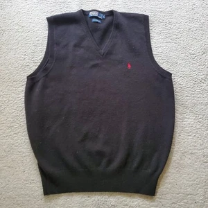 Polo Ralph Lauren Sweater Vest Mens Large Black Red Pony V Neck 100% Lambswool - Picture 1 of 14
