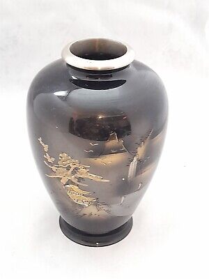 Super Japanese Signed Chokin Metalware Vase With Incised Inlay Of A Pagoda • 35£