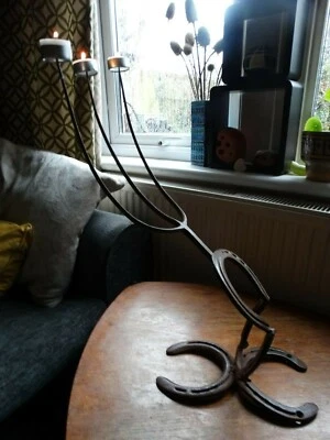 Original hand made candelabra horse shoes and hay fork - Image 1 of 4