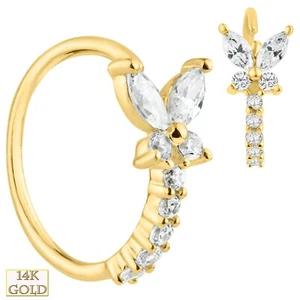 14k Solid Gold 2 Marquise & 7 Round Diamonds Butterfly Design Hoop Piercing Ring - Picture 1 of 3