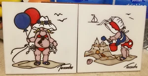 Baby Building Sandcastle & Baby with Balloons at Beach, 2 Cleo Teissedre Tiles - Picture 1 of 6