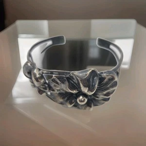 Vintage Sterling Silver Pansy Flower Wide Tapered Cuff Bracelet 1920s Ladies 31g - Picture 1 of 10