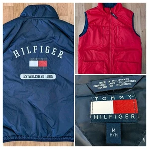 Tommy Hilfiger Reversible Puffer Vest Mens M Red White Blue Nylon Down 90's - Picture 1 of 19