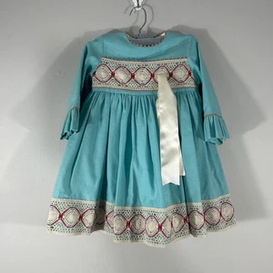 Sonata Handmade Spanish Girls Long Sleeve Lace Teal Poly Linen blend Dress Sz 4 - Picture 1 of 15