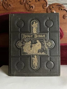 Antique 1895 Holy Bible Harris Jone’s & Co Art Self Pronouncing Original Tongues - Foto 1 di 18