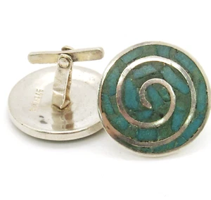 VINTAGE STERLING SILVER .925 ROUND SWIRL NATIVE INLAY TURQUOISE CUFF-LINKS - Picture 1 of 6