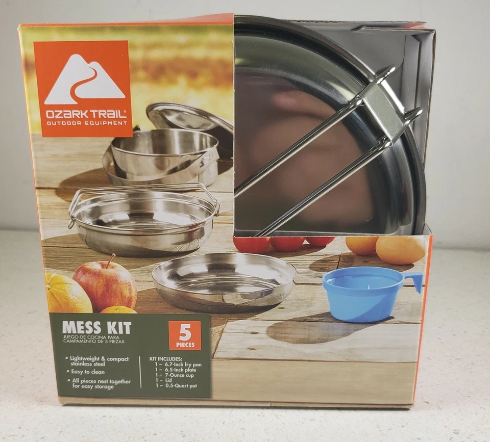 Ozark Trail 5-pc Mess Kit Stainless Steel Camping Cookware Fry Pan Cup Plate Pot