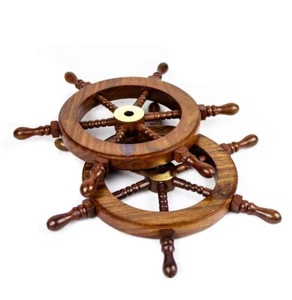 Mini Wooden Marine Ship Wheel Captain Pirate 6" Vintage Brass Nautical Set Of 2 - Picture 1 of 5