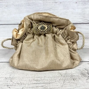 Letty Paulette Purse Clutch Tan & Satin Crystal Brooch Shoulder Evening Bag #2 - Picture 1 of 13