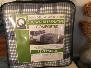 LQ Reversible Comforter KING Gray&Navy Blue&White Plaid/Solid Gray NEW in Pkg - Picture 1 of 7