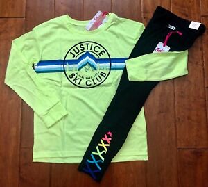 NWT JUSTICE GIRLS 12/14 OUTFIT~LIME GREEN LONG SLEEVE TEE & CRISS CROSS LEGGINGS
