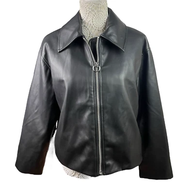 ASOS Faux Leather Jacket Women's UK Size 6 Black Zip Front Oversized Big Collar - Image 1 of 4