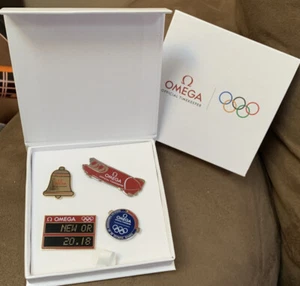 OMEGA 2018 WINTER OLYMPIC GAMES PIN SET BOXED OFFICIAL TIMEKEEPER COLLECTOR RARE - Picture 1 of 3