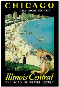 Cool Retro Travel Poster CANVAS ART PRINT ~ Chicago Beach Illinois 8"X 10" - Picture 1 of 1