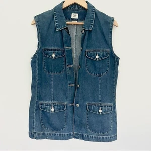 Vintage GAP Blue Denim Safari Vest w Pockets Button Up Women’s Sz Medium 90s - Picture 1 of 9