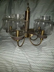 Vintage Lightolier MCM Chandelier Brass Black 5 Arm Atomic Glass Globes Rare EUC - Picture 1 of 12
