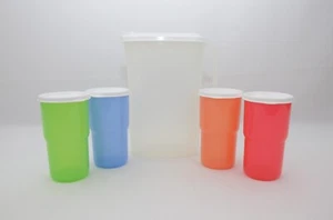 Tupperware 2 Quart Clear Pitcher with 4 Cups and Lids Multicolor New - Picture 1 of 8
