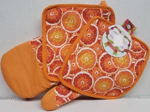 3-teiliges SET: 1 TOPFHALTER, 1 HANDTUCH & 1 OFENHANDSCHUH, ORANGEN, orange Rückseite, silber - Bild 1 von 8