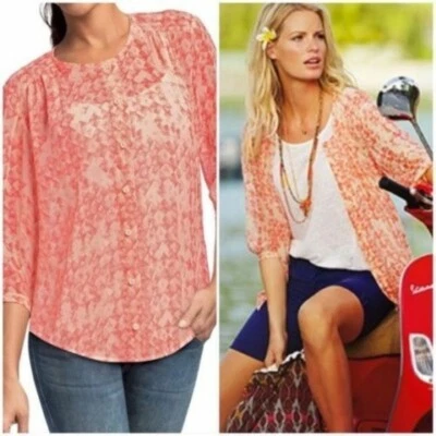 Blusa Cabi Emerson Botones 100% Seda Transparente Manga 3/4 Top Geométrico Campesino S Foto 1 de 4