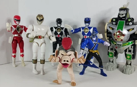 Bandai Mighty Morphin Power Rangers Lot Of 6 Figures + Dragonzord Cover