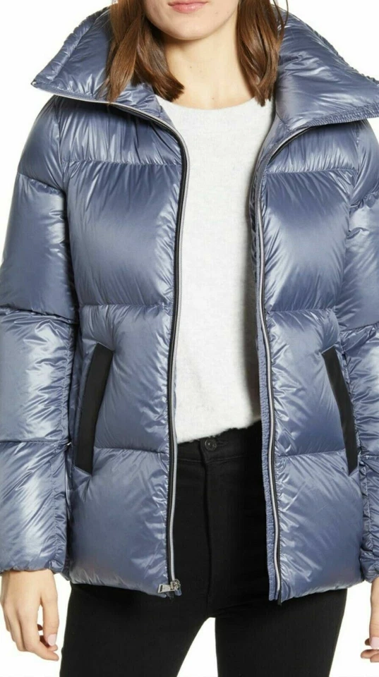 Womens Cole Haan Signature Down Feather Quilted Puffer Coat Pewter Gray M