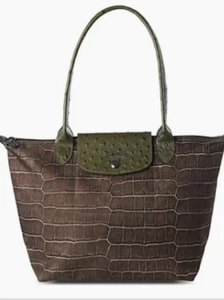 Longchamp Le Pliage Limited Edition Khaki Green 3D Croc Print Shoulder Tote Bag - Picture 1 of 24