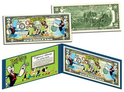POPEYE & GANG Genuine Legal Tender U.S. $2 Bill *OFFICIALLY LICENSED* w/ Holder - Image 1 of 3