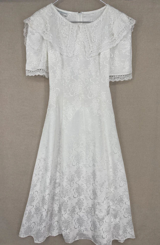 Vintage Scott McClintock Gunne Sax Vestido 9/10 Gola de Renda Branca Midi Amarrar Traseiro - Imagem 1 de 4