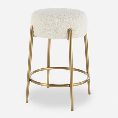 Uttermost 23810 Arles Ottoman or Stool White Faux Shearling with Brushed Brass - Image 1 of 4