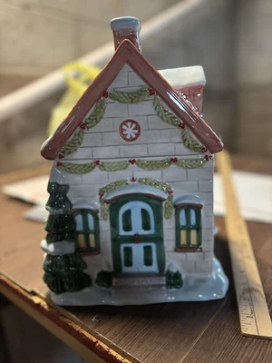 Pfaltzgraff Christmas Large Cookie Jar 11.5" Winterberry House Trees and Snow SE - Image 1 of 4