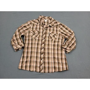 Arizona Shirt Womens SIZE XL 3/4 Sleeve Button Snap Up Pockets Plaid Beige - Picture 1 of 13