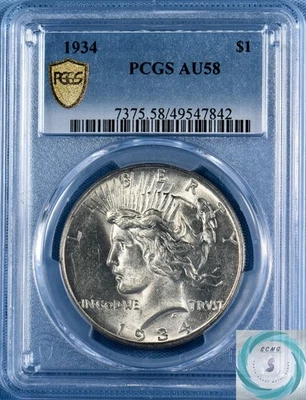 1934 Peace Dollar PCGS AU58 - Best AU58 Ever in Gold Shield! - Image 1 of 4