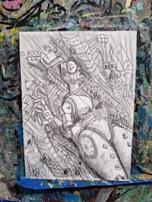 Robot en piezas patio dibujo retrato ACEO ORIGINAL ÚNICO grafito Jmg Foto 1 de 3