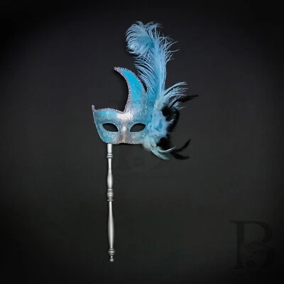 Handheld Stick Venetian Masquerade Mask for Women Silver Light Blue M6131 - Image 1 of 4