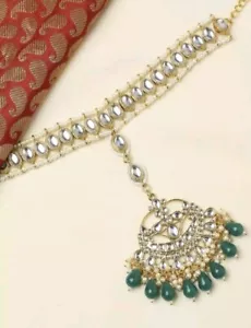 Indian Bollywood Wedding Gold Tone Kundan & Pearls Bridal Matha Patti Maangtikka - Picture 1 of 4