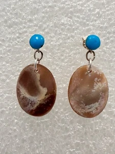 Sterling Silver .925 Turquoise MOP 1/2" x 1 1/4" Drop Post Earrings - Picture 1 of 9