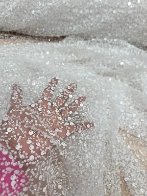 White Beaded Sequins Embroidery Bridal Stretch Lace Fabric By The Yard Wedding  - Image 1 of 4