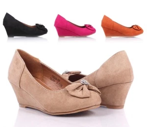Zapatos de tacón de cuña elegantes de gamuza sintética con lazo de 4 colores con estrás para niñas y jóvenes - Imagen 1 de 33