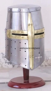 Medieval Silver Knight Sugarloaf Armor Helmet WITH WOODEN STAND HALLOWEEN GIFT. - Picture 1 of 7