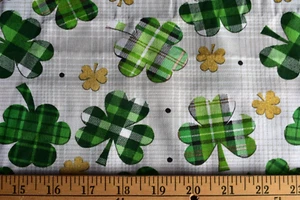 GOLD GLITTER SHAMROCKS DOTS ON GRAY PLAID 100% COTTON FABRIC 34X43 INCHES - Picture 1 of 2